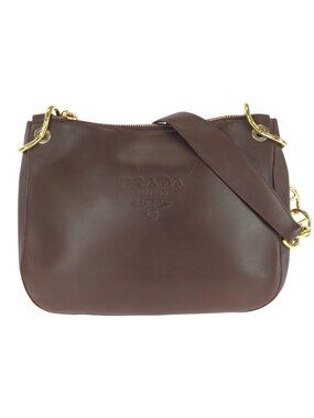 Prada Vintage Embossed Logo Brown Gold Leather Shoulder Bag